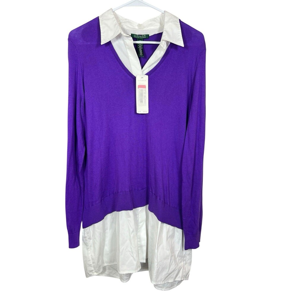 Lauren Ralph Lauren 1X Plus Sweater Tunic Purple V-Neck Knit Top Shirt Hem NWT